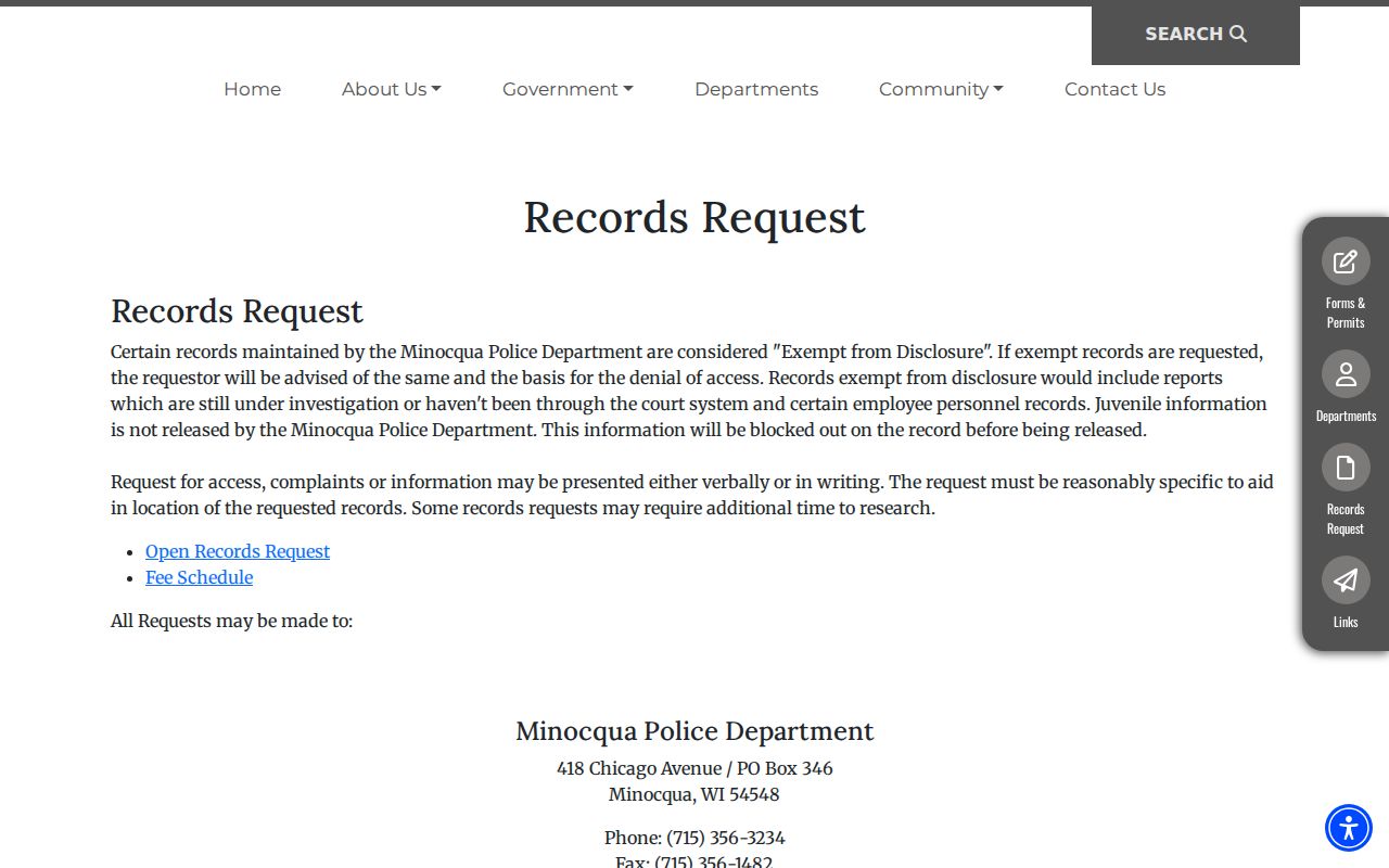 Minocqua Police Department records request for Minocqua arrest records