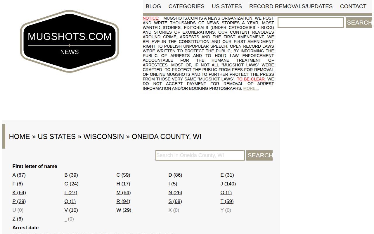 Unofficial Oneida County mugshot archive page with historical coverage caveat
