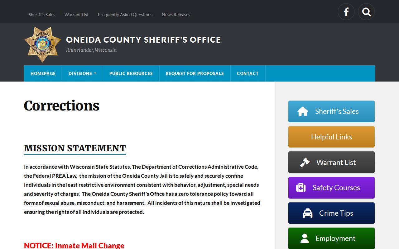 Oneida County Jail corrections information without a public booking roster