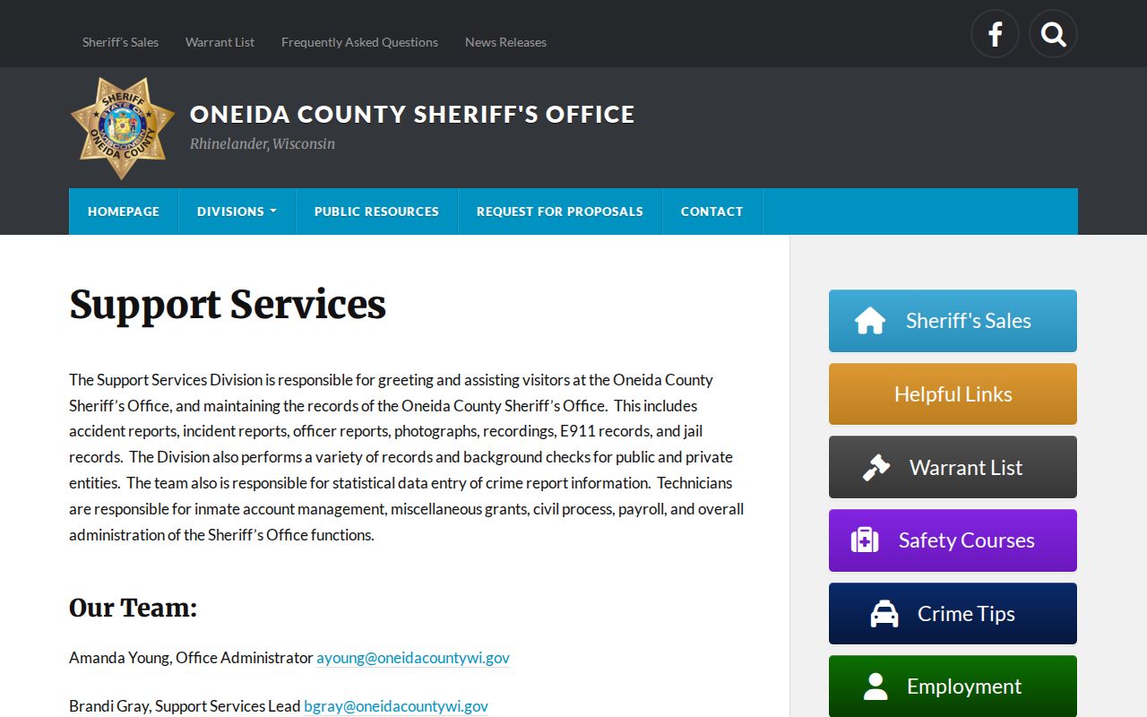 Oneida County booking record request information on Sheriff Support Services