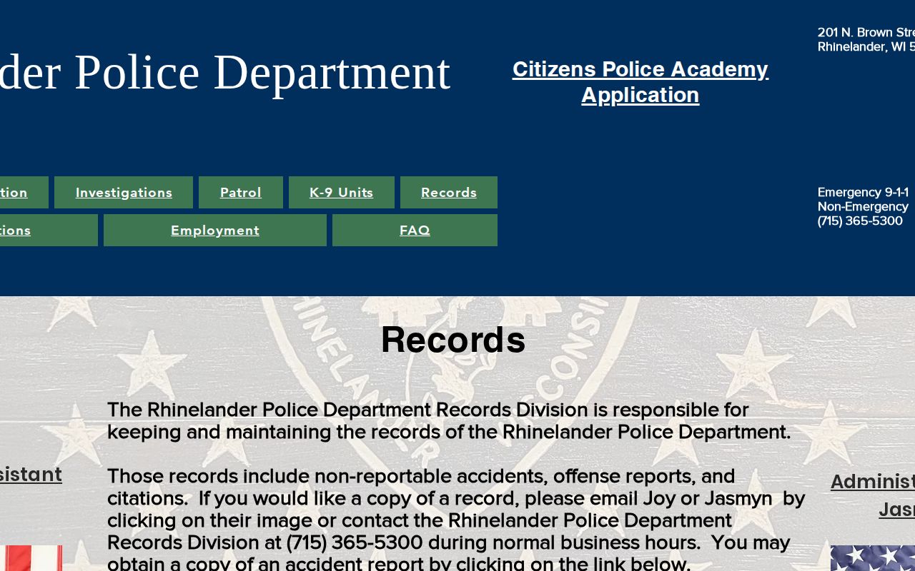 Oneida County Rhinelander Police arrest and photograph record request page